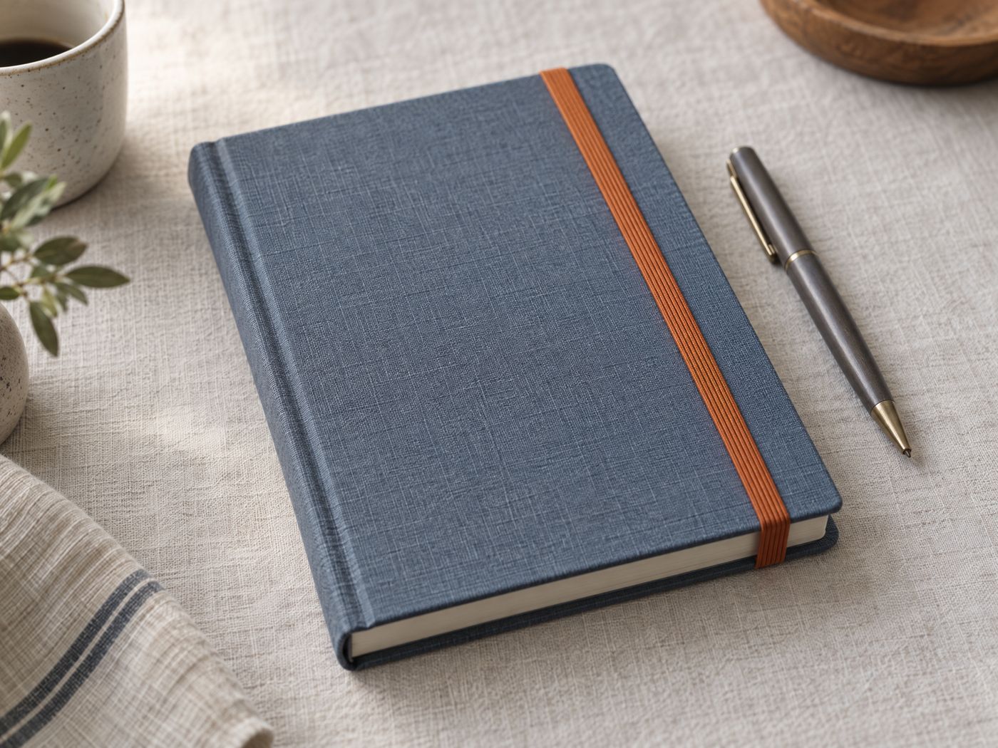 A closed journal held shut with an orange strap